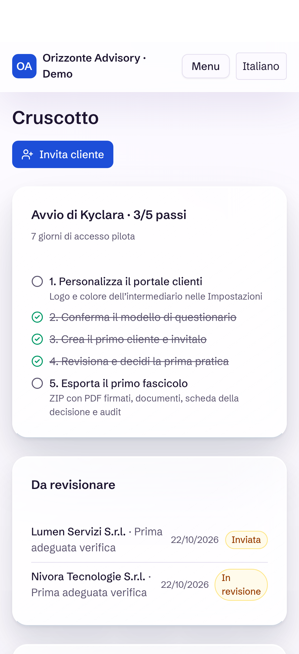 Kyclara: schermata reale sul telefono, dati dimostrativi